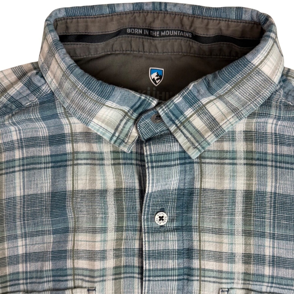 KUHL Button Down Shirt Mens Medium Blue Plaid Short Sleeve Outdoor Hiking